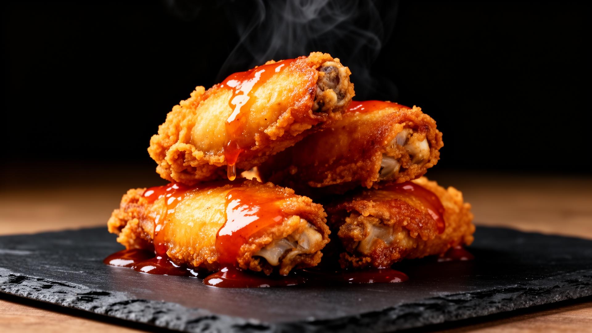 Crispy fried chicken wings glazed in hot sauce